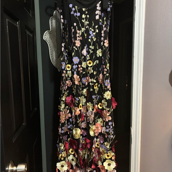 lulus Thriving poise black 3D floral embroidered Tie strap maxi dress. - Picture 4 of 7